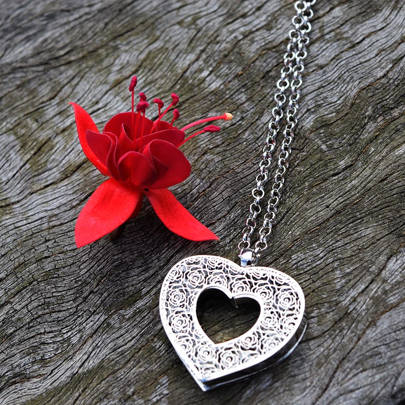 silver heart crystal necklace closeup